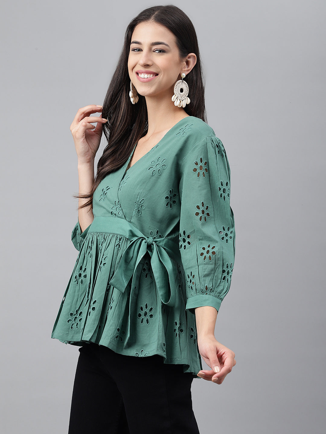 Janasya Women's Green Cotton Schiffli Casual Peplum Top | Swadesiicart