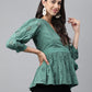 Janasya Women's Green Cotton Schiffli Casual Peplum Top | Swadesiicart