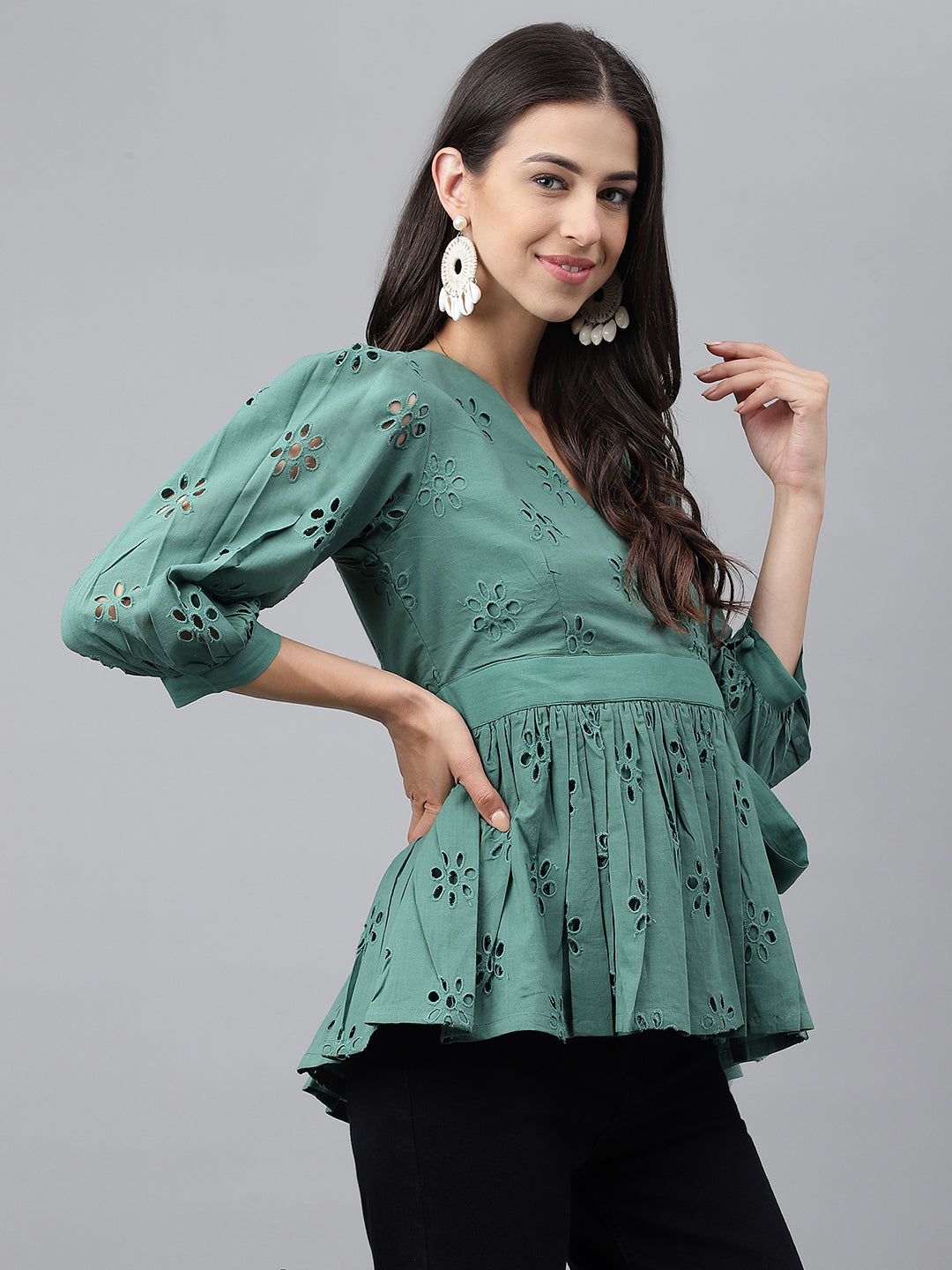Janasya Women's Green Cotton Schiffli Casual Peplum Top | Swadesiicart