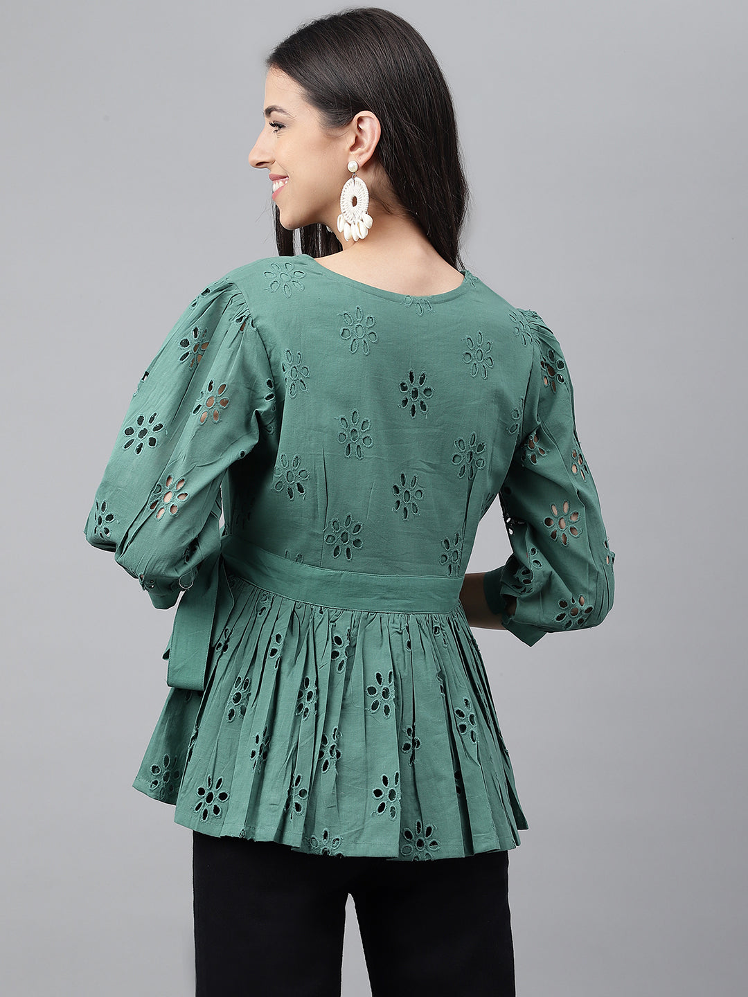 Janasya Women's Green Cotton Schiffli Casual Peplum Top | Swadesiicart