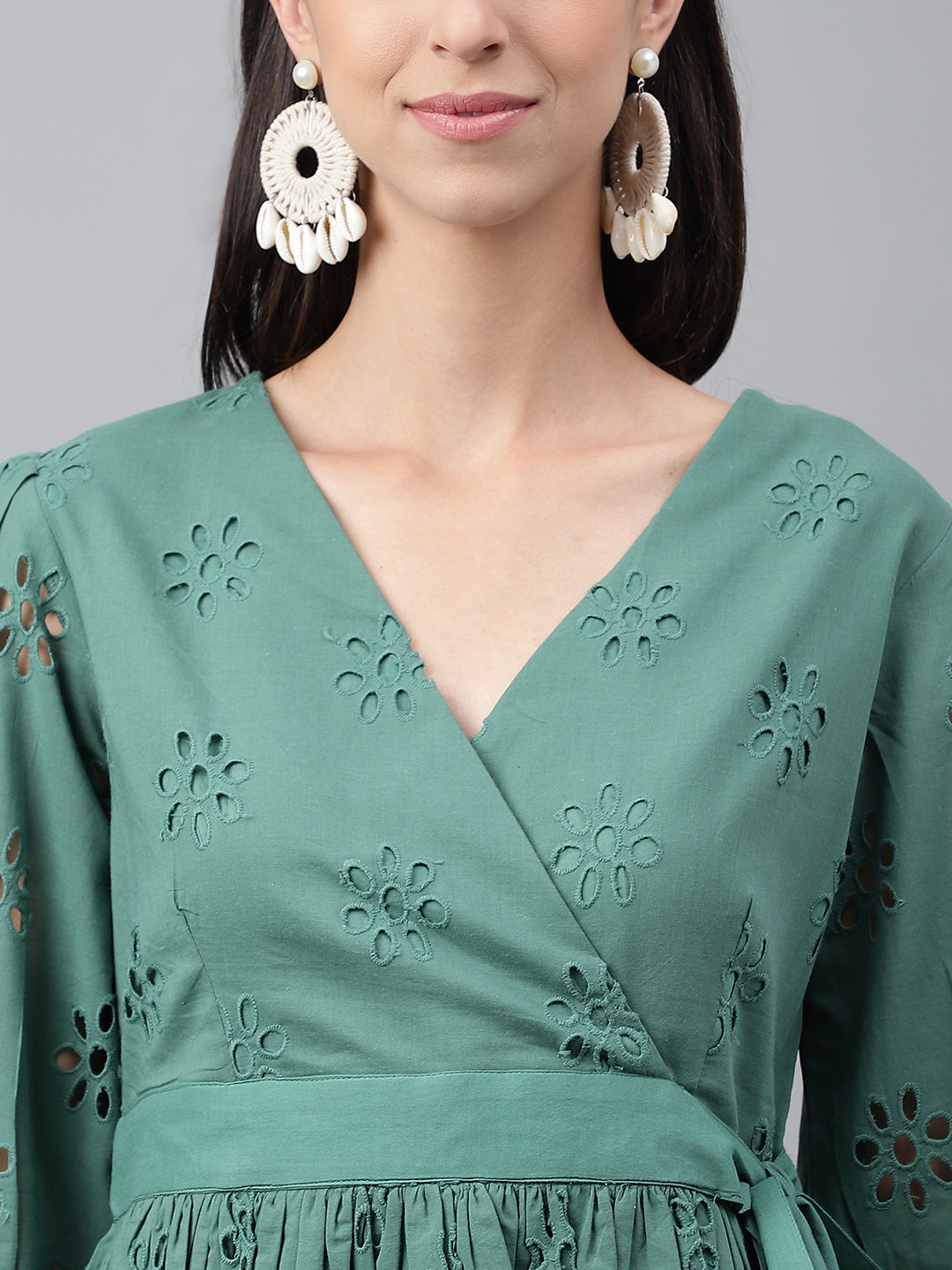 Janasya Women's Green Cotton Schiffli Casual Peplum Top | Swadesiicart