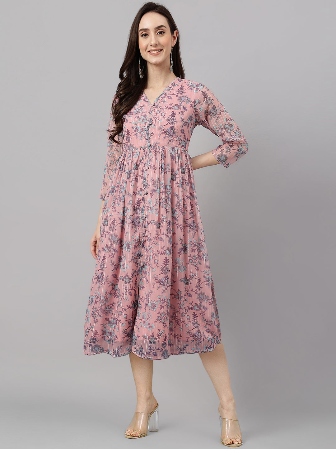 Janasya Women's Pink Chiffon Lurex Floral Printed Flared Casual Dress | Swadesiicart