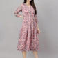 Janasya Women's Pink Chiffon Lurex Floral Printed Flared Casual Dress | Swadesiicart