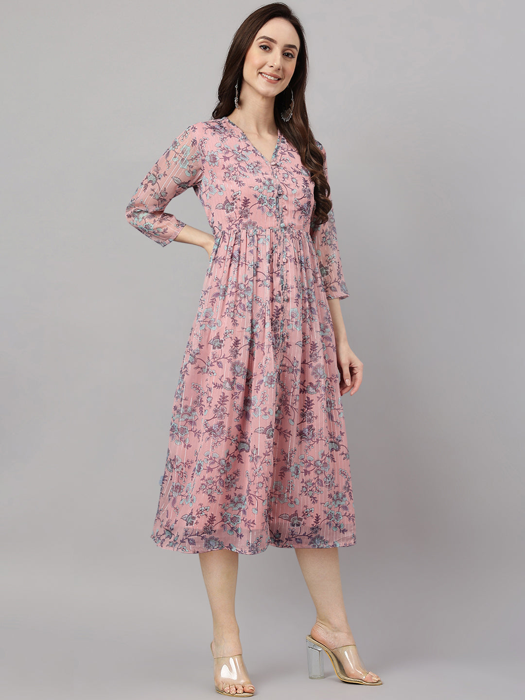 Janasya Women's Pink Chiffon Lurex Floral Printed Flared Casual Dress | Swadesiicart