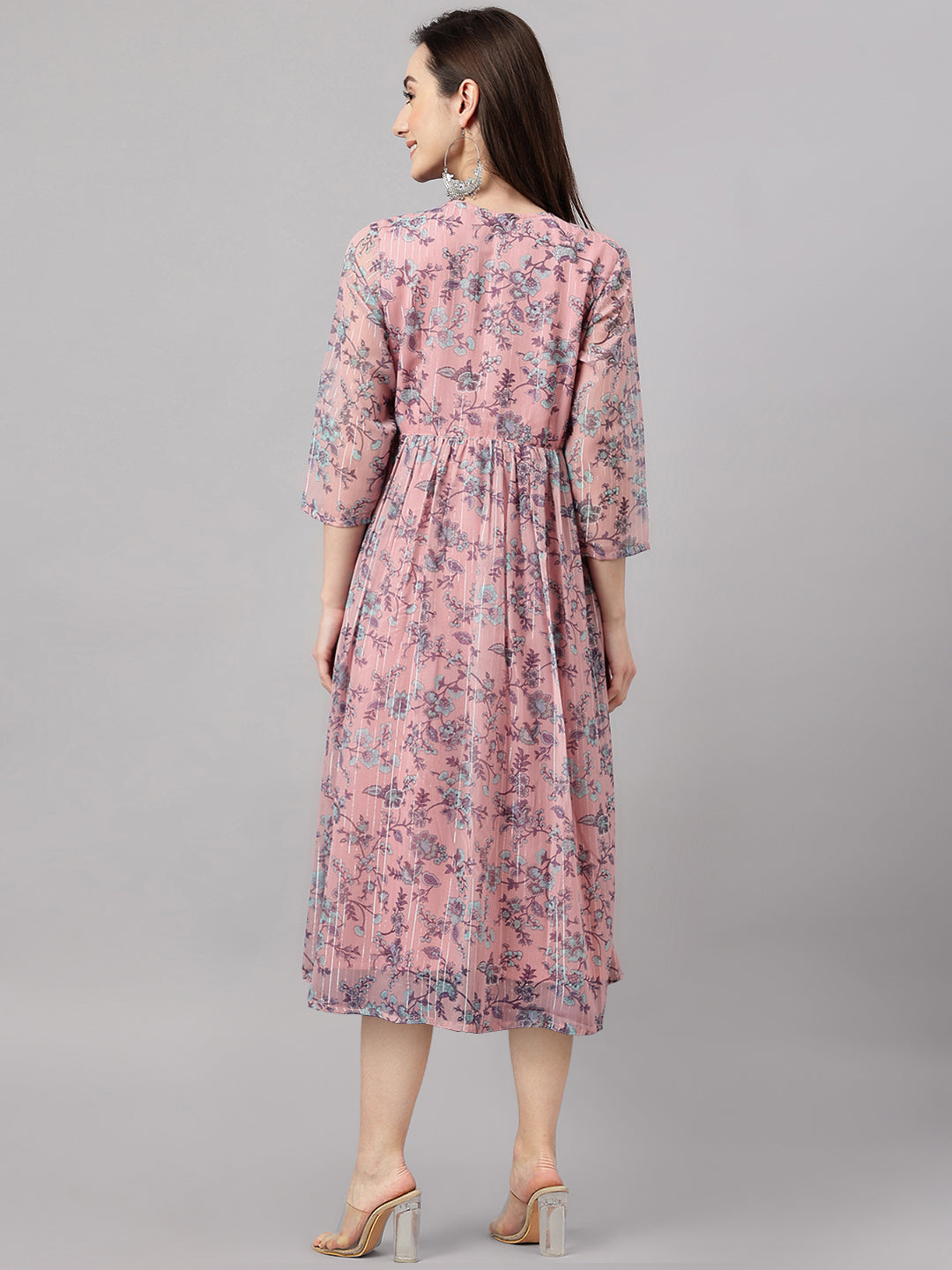 Janasya Women's Pink Chiffon Lurex Floral Printed Flared Casual Dress | Swadesiicart