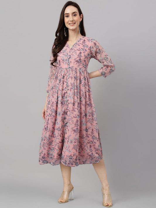 Janasya Women's Pink Chiffon Lurex Floral Printed Flared Casual Dress | Swadesiicart