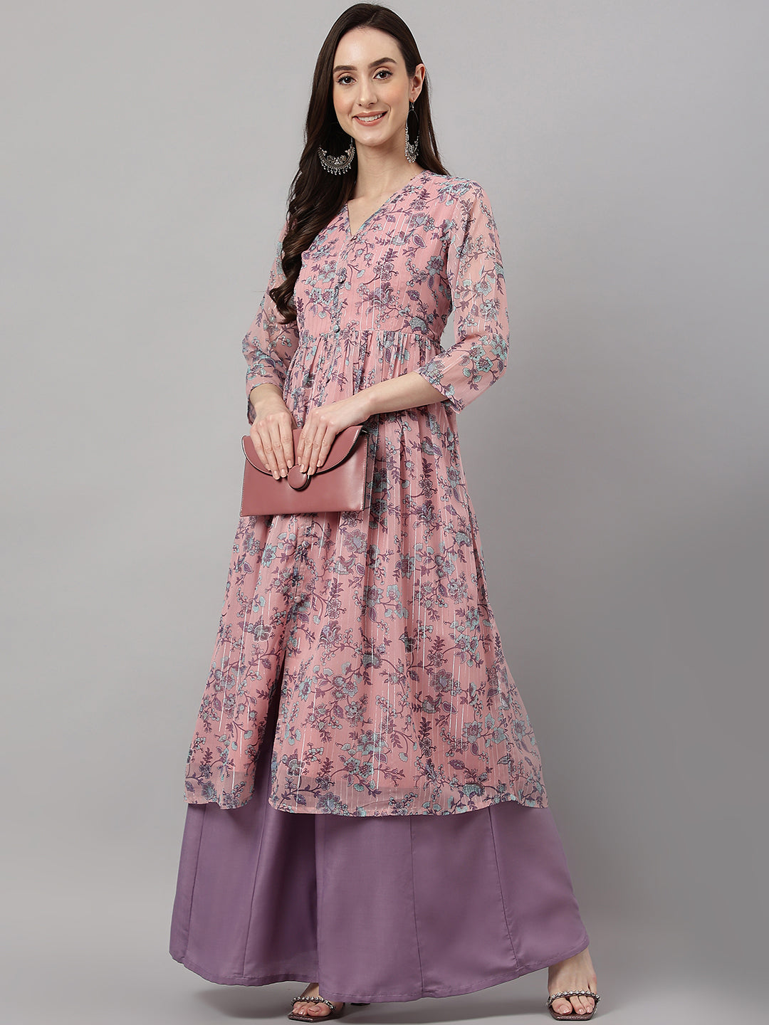 Janasya Women's Pink Chiffon Lurex Floral Printed Casual Flared Kurta - Swadesiicart