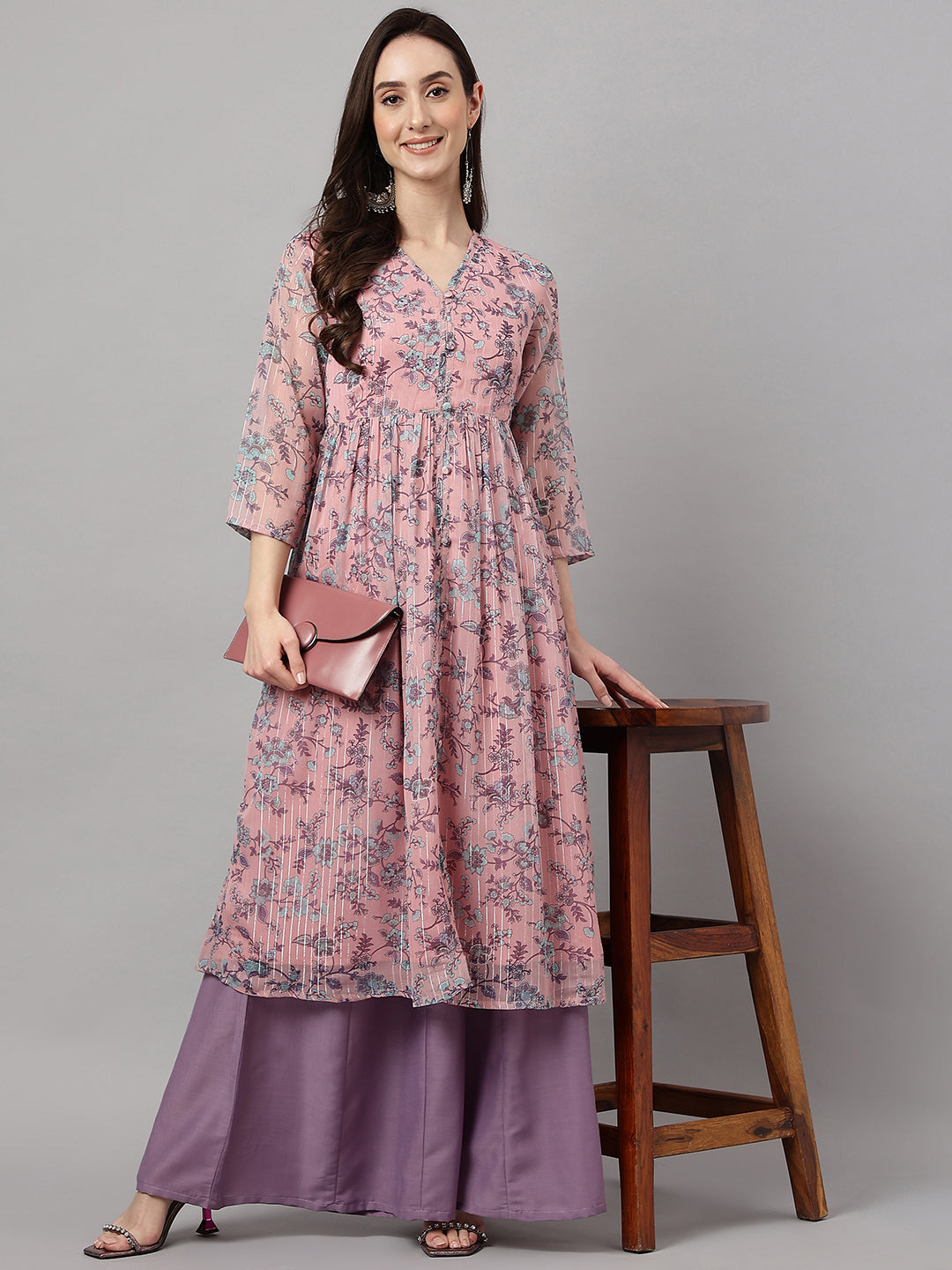 Janasya Women's Pink Chiffon Lurex Floral Printed Casual Flared Kurta - Swadesiicart