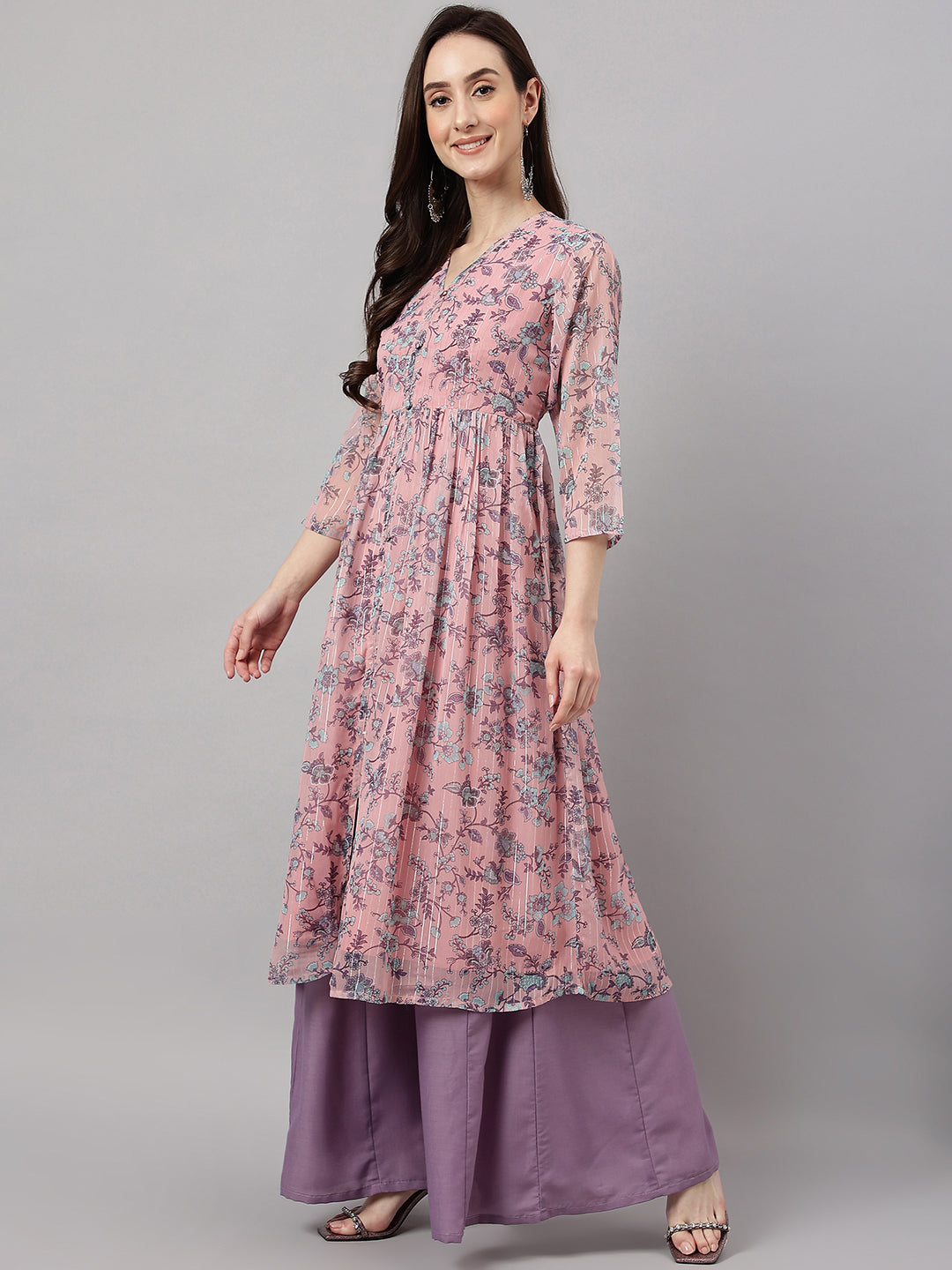 Janasya Women's Pink Chiffon Lurex Floral Printed Casual Flared Kurta - Swadesiicart