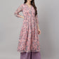 Janasya Women's Pink Chiffon Lurex Floral Printed Casual Flared Kurta - Swadesiicart