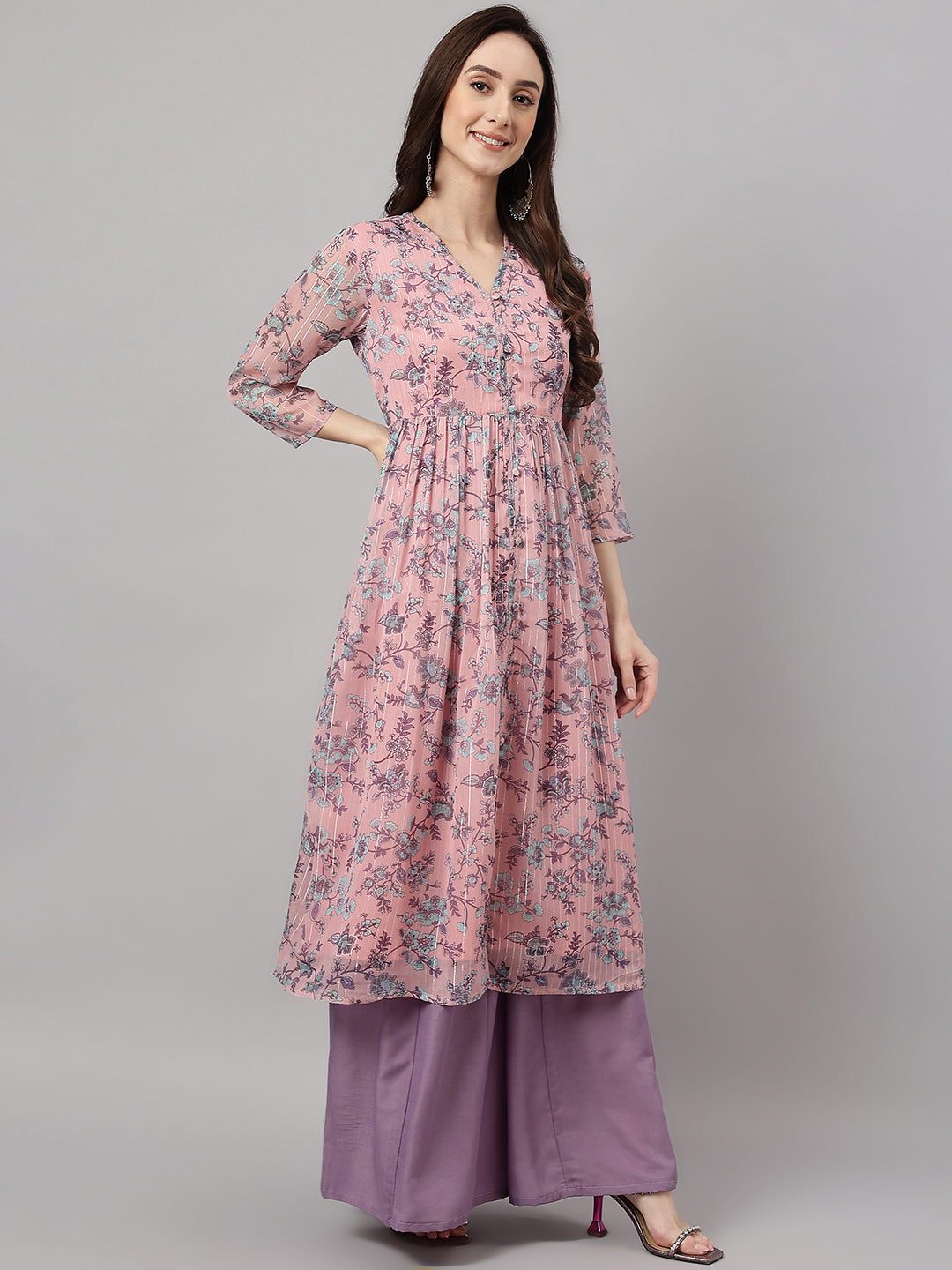 Janasya Women's Pink Chiffon Lurex Floral Printed Casual Flared Kurta - Swadesiicart