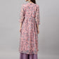 Janasya Women's Pink Chiffon Lurex Floral Printed Casual Flared Kurta - Swadesiicart
