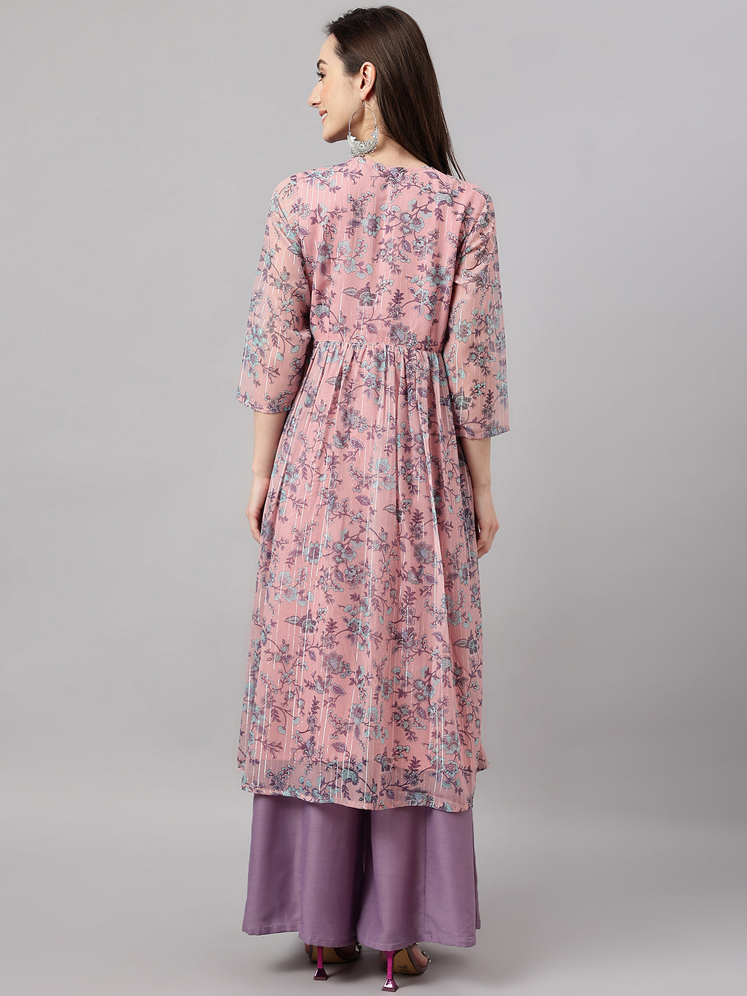 Janasya Women's Pink Chiffon Lurex Floral Printed Casual Flared Kurta - Swadesiicart