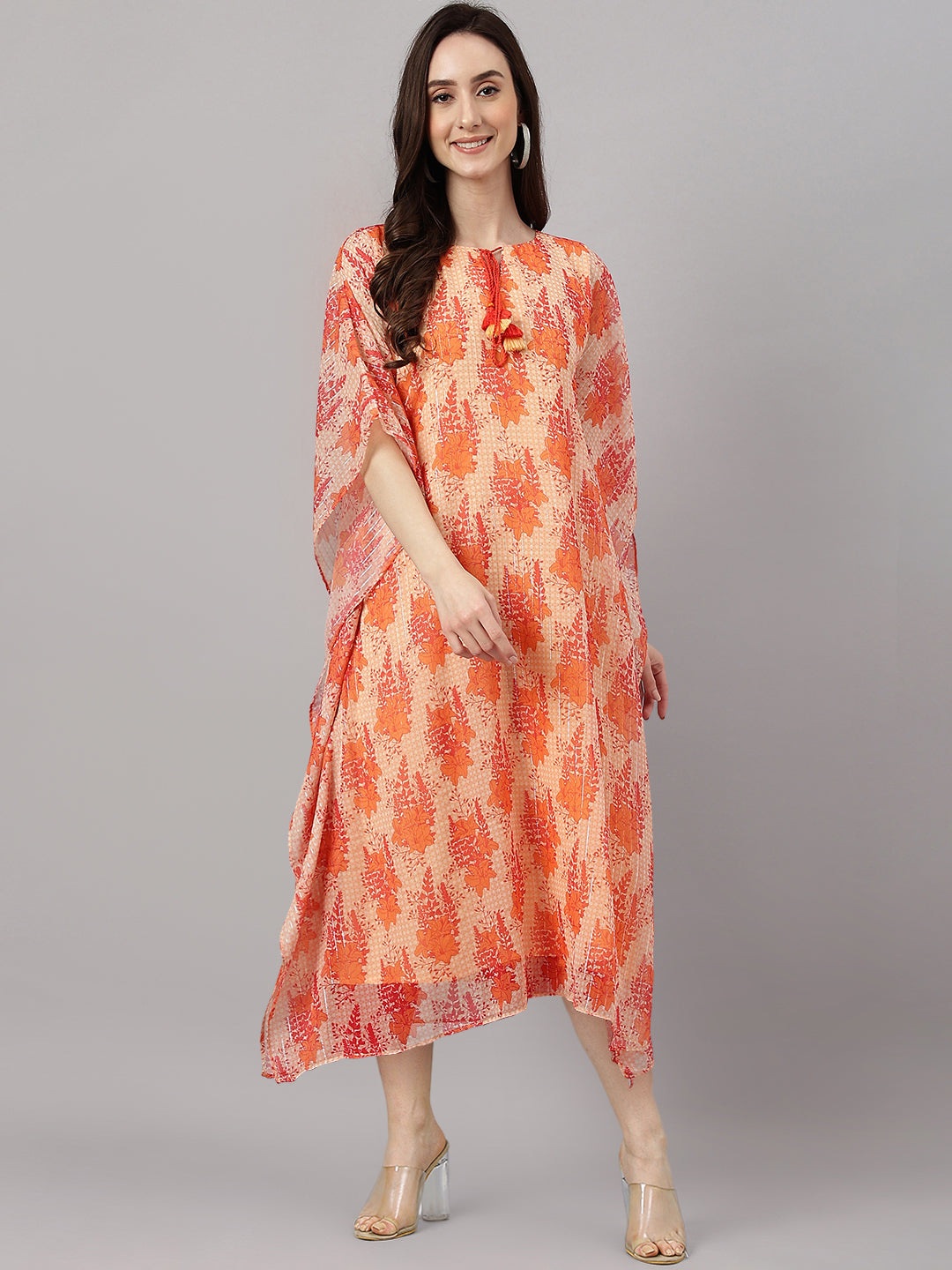 Janasya Women's Orange Chiffon Lurex Floral Printed Casual Kaftan Kurta | Swadesiicart