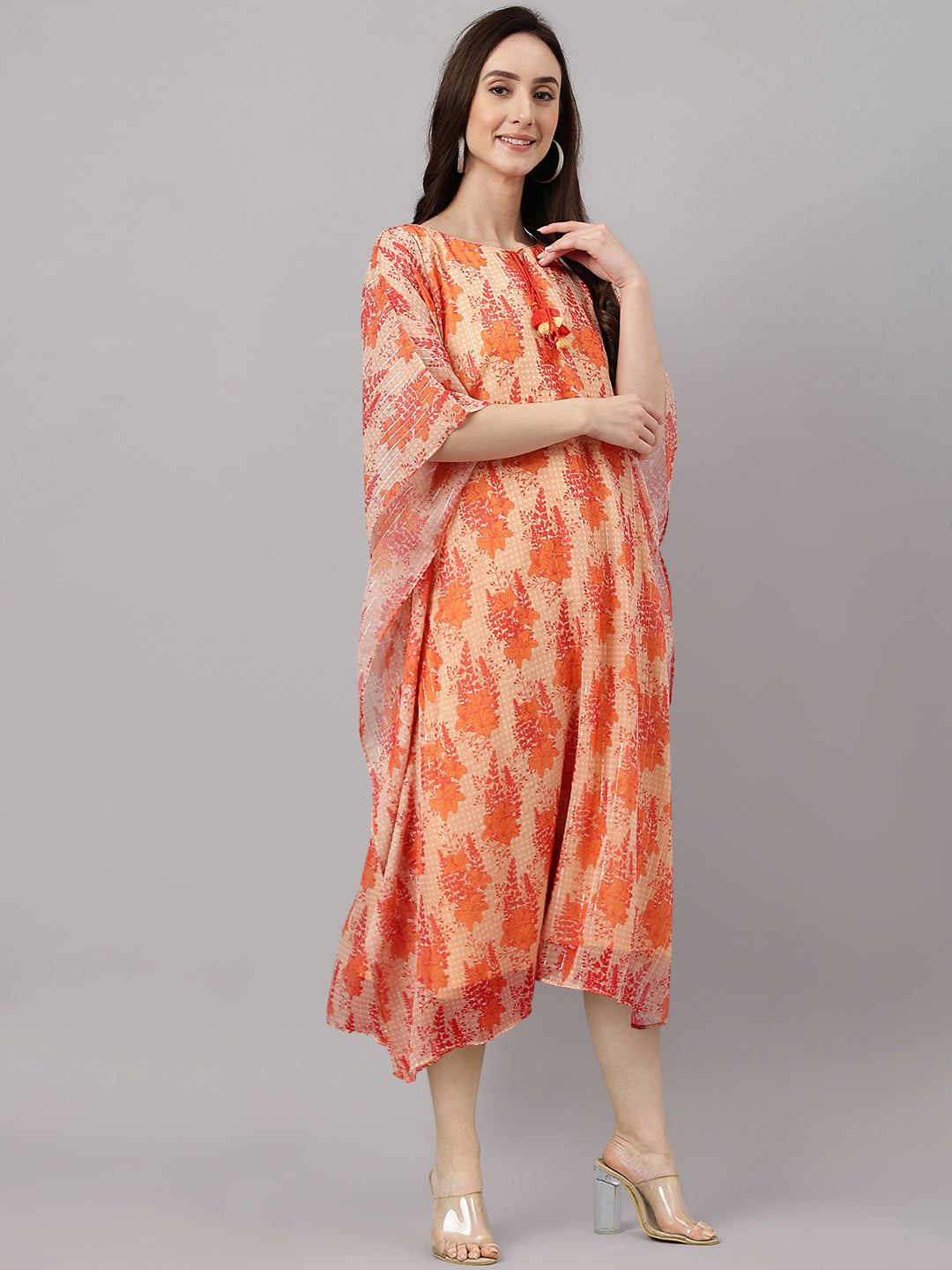Janasya Women's Orange Chiffon Lurex Floral Printed Casual Kaftan Kurta | Swadesiicart
