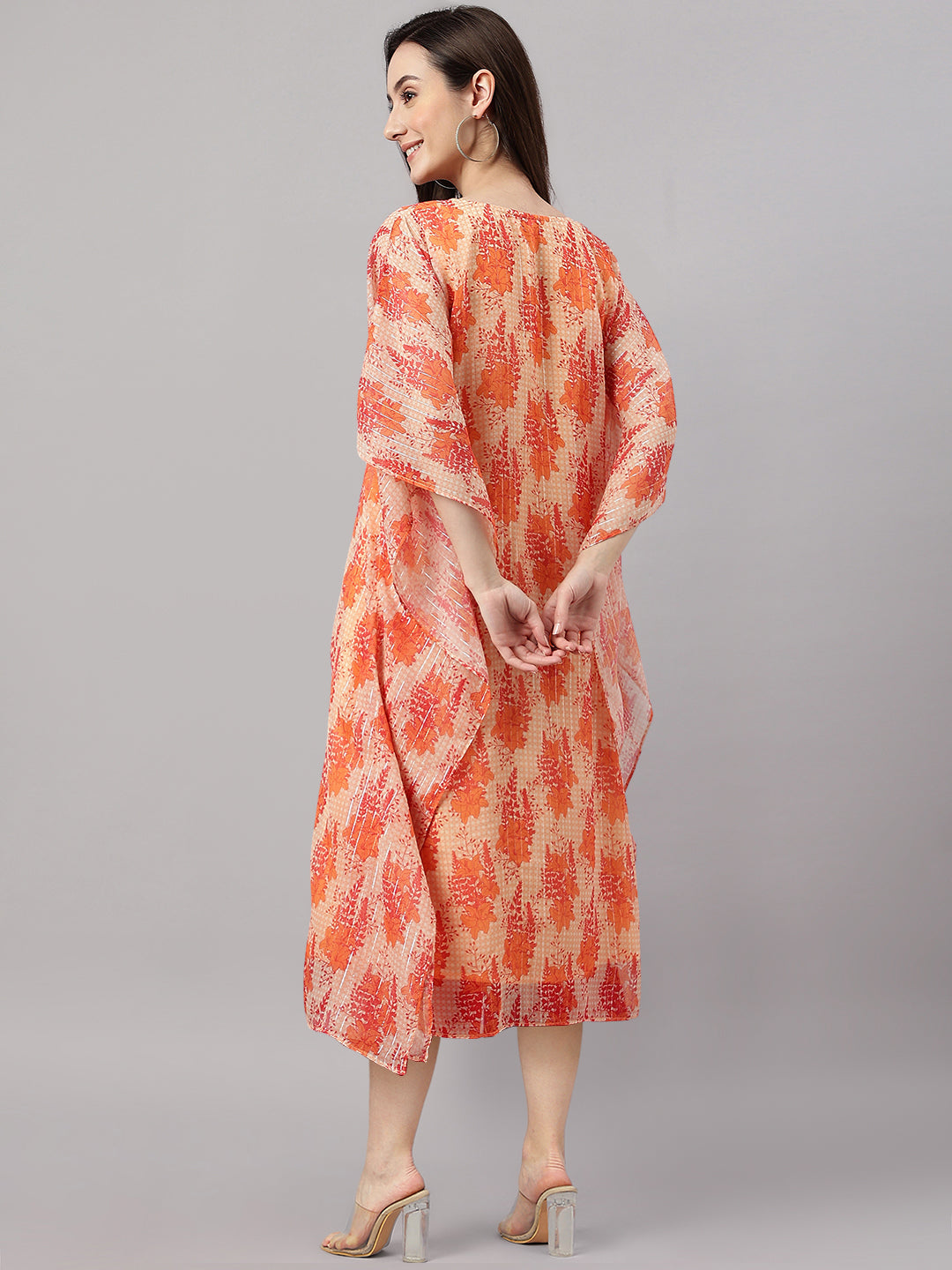Janasya Women's Orange Chiffon Lurex Floral Printed Casual Kaftan Kurta | Swadesiicart