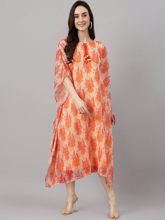 Janasya Women's Orange Chiffon Lurex Floral Printed Casual Kaftan Kurta | Swadesiicart