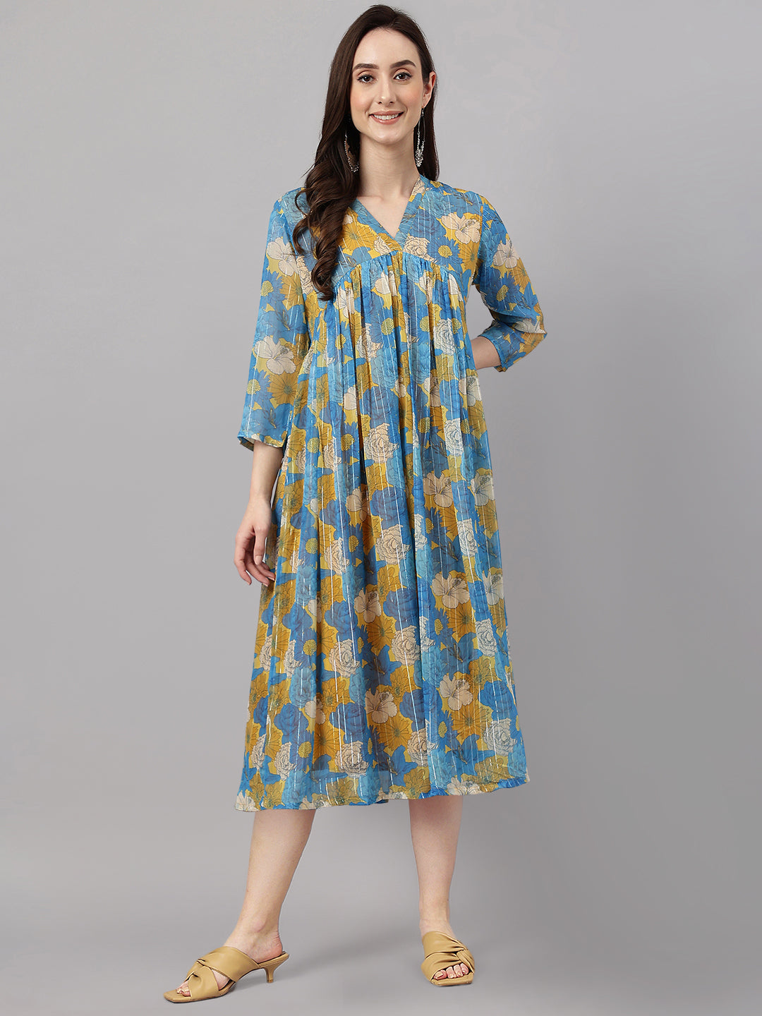 Janasya Women's Yellow Chiffon Lurex Floral Printed Flared Casual Dress | Swadesiicart