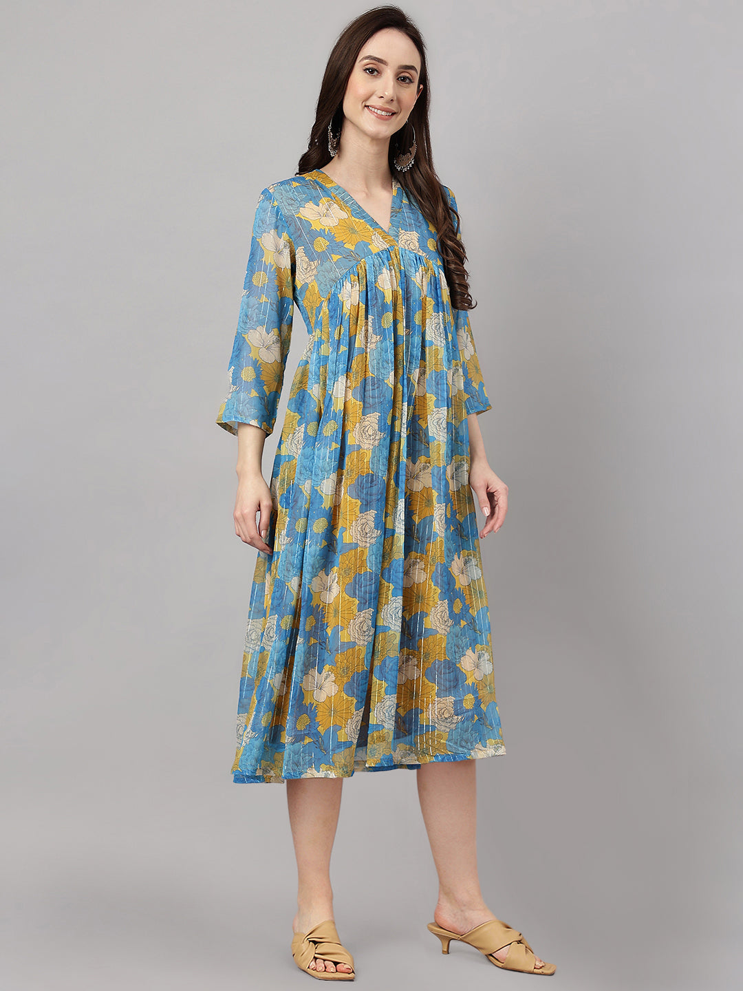 Janasya Women's Yellow Chiffon Lurex Floral Printed Casual flared Kurta | Swadesiicart