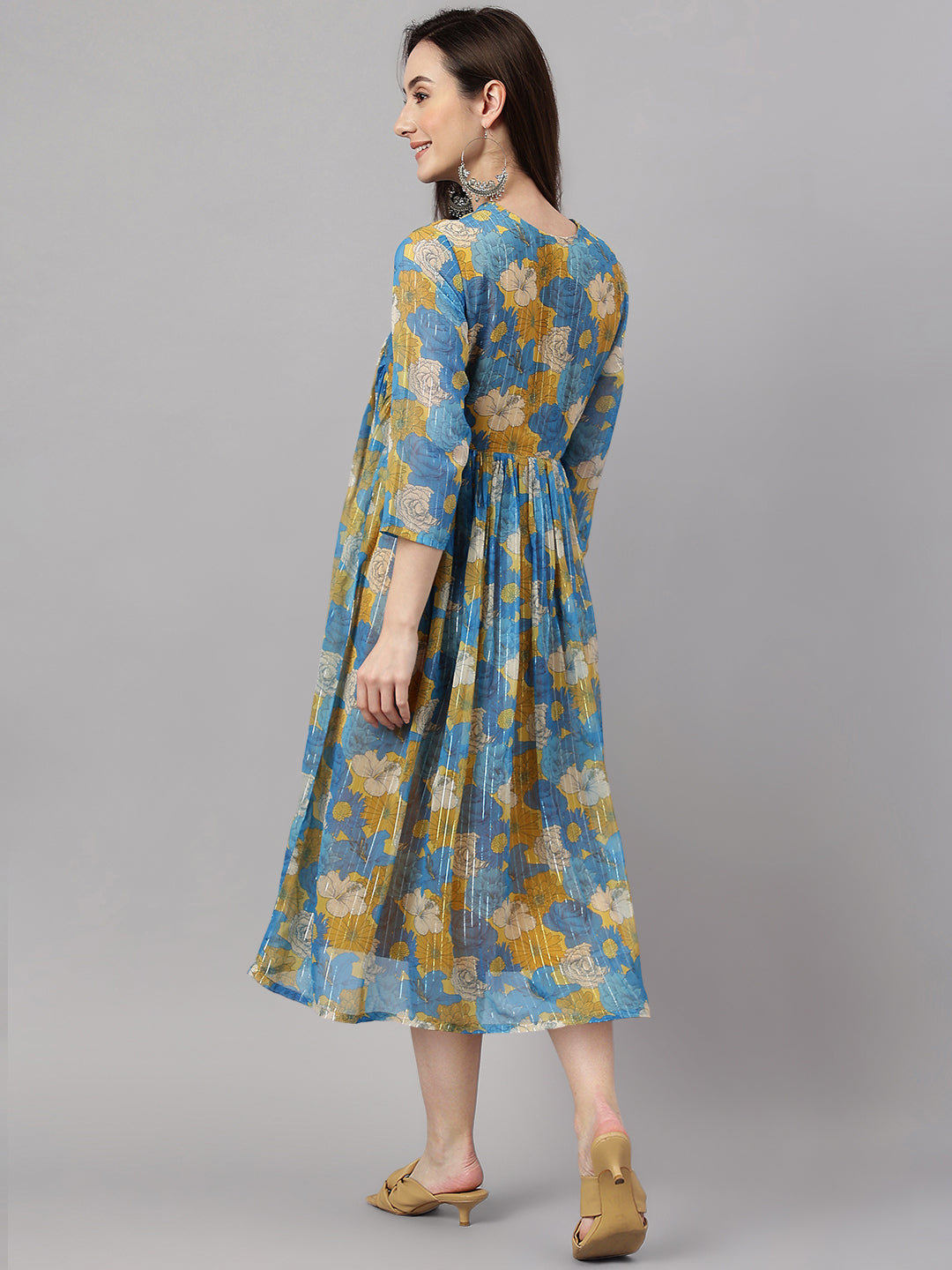 Janasya Women's Yellow Chiffon Lurex Floral Printed Flared Casual Dress | Swadesiicart