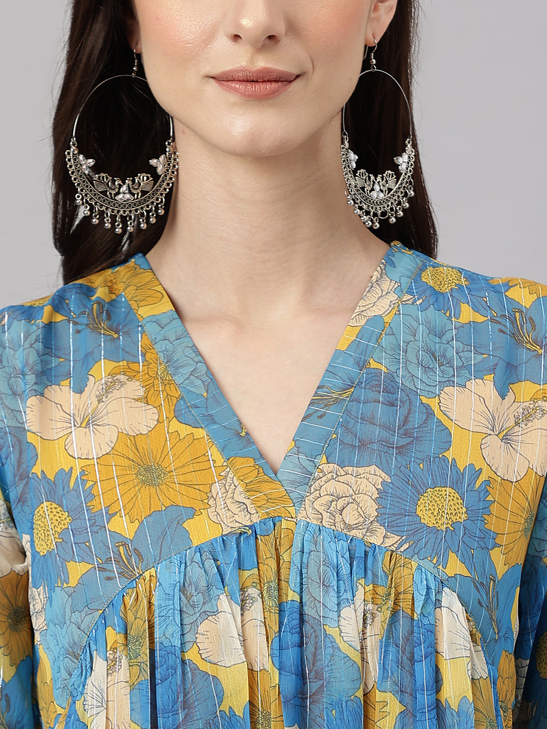 Janasya Women's Yellow Chiffon Lurex Floral Printed Casual flared Kurta | Swadesiicart