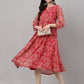 Indian Clothing Janasya Women's Dark Pink Chiffon Lurex Floral Printed Flared Casual Dress | Swadesiicart