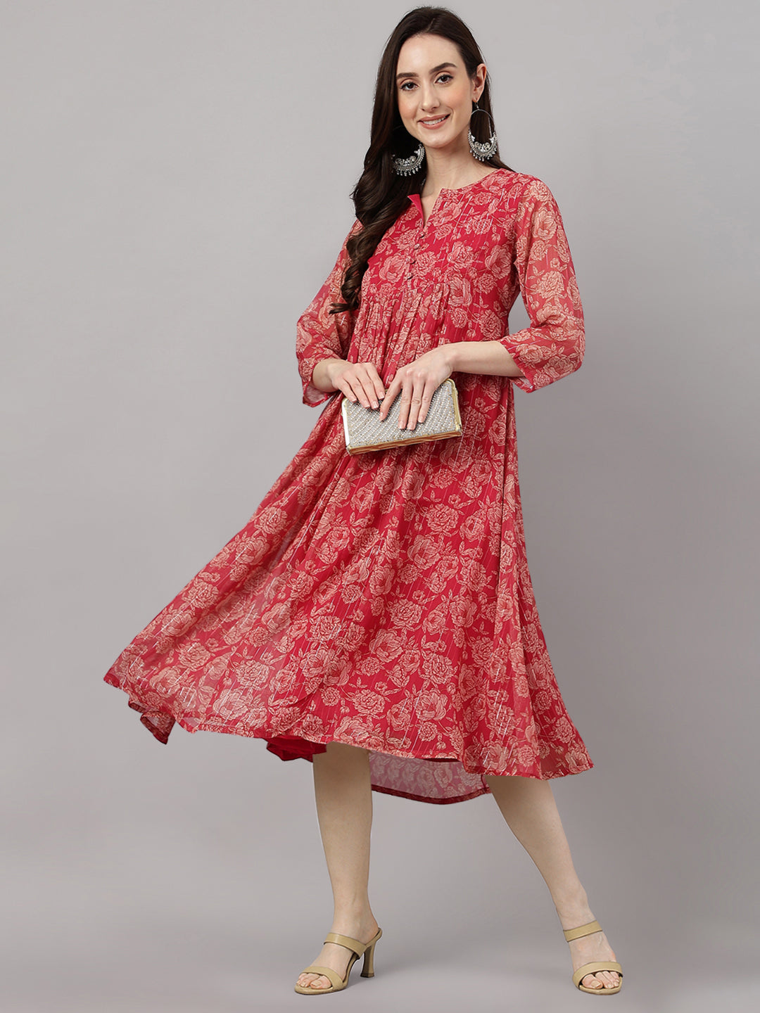 Indian Clothing Janasya Women's Dark Pink Chiffon Lurex Floral Printed Flared Casual Dress | Swadesiicart