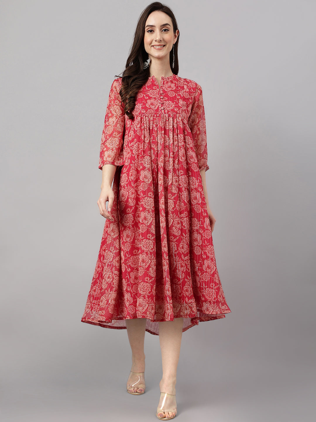 Indian Clothing Janasya Women's Dark Pink Chiffon Lurex Floral Printed Flared Casual Dress | Swadesiicart