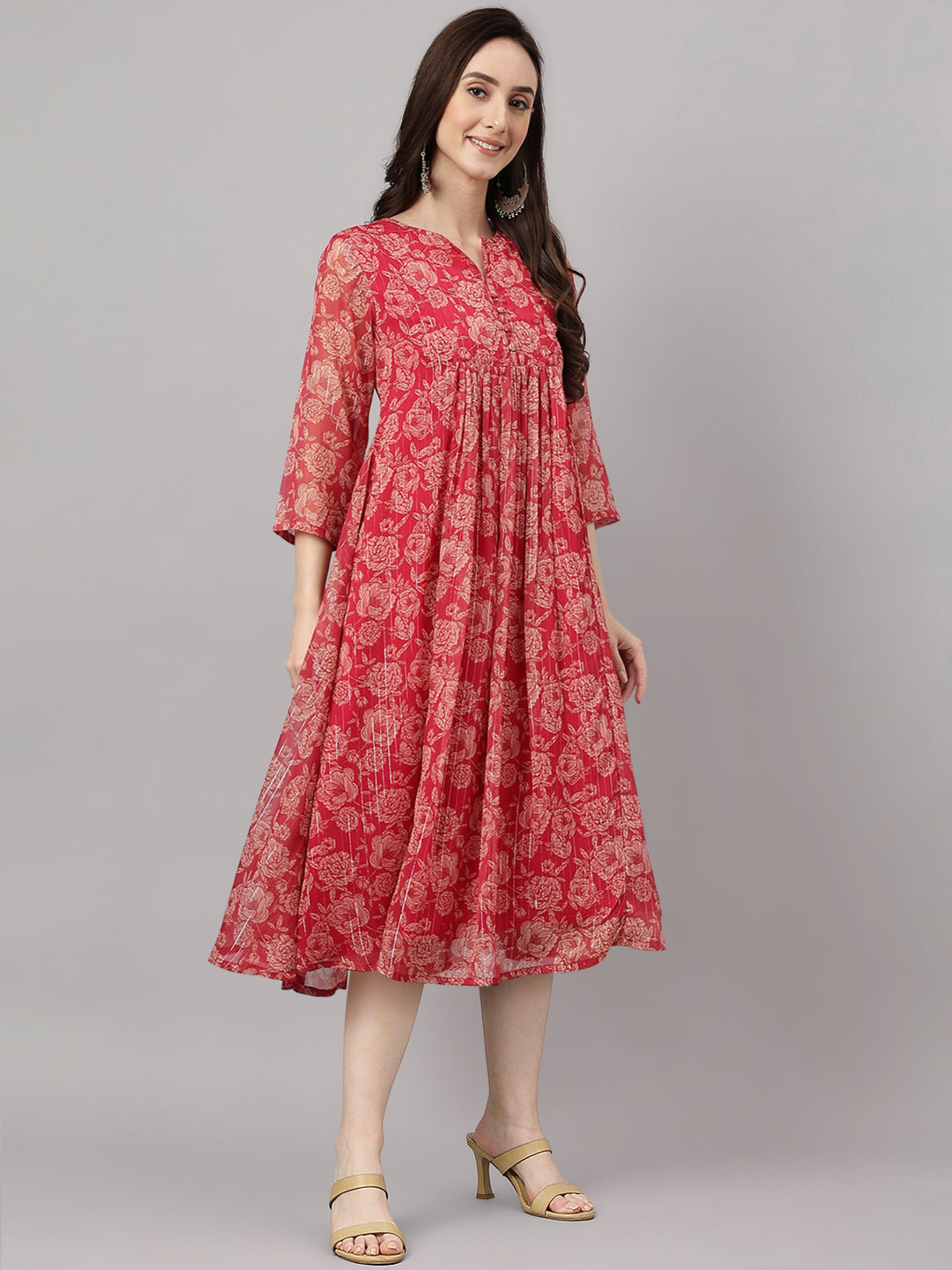 Janasya Dark Pink Chiffon Lurex Floral Printed Flared Kurta | Swadesiicart
