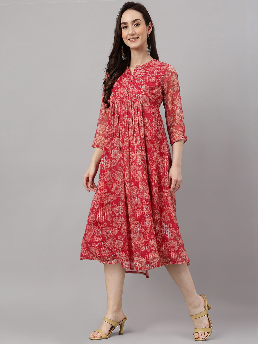 Indian Clothing Janasya Women's Dark Pink Chiffon Lurex Floral Printed Flared Casual Dress | Swadesiicart