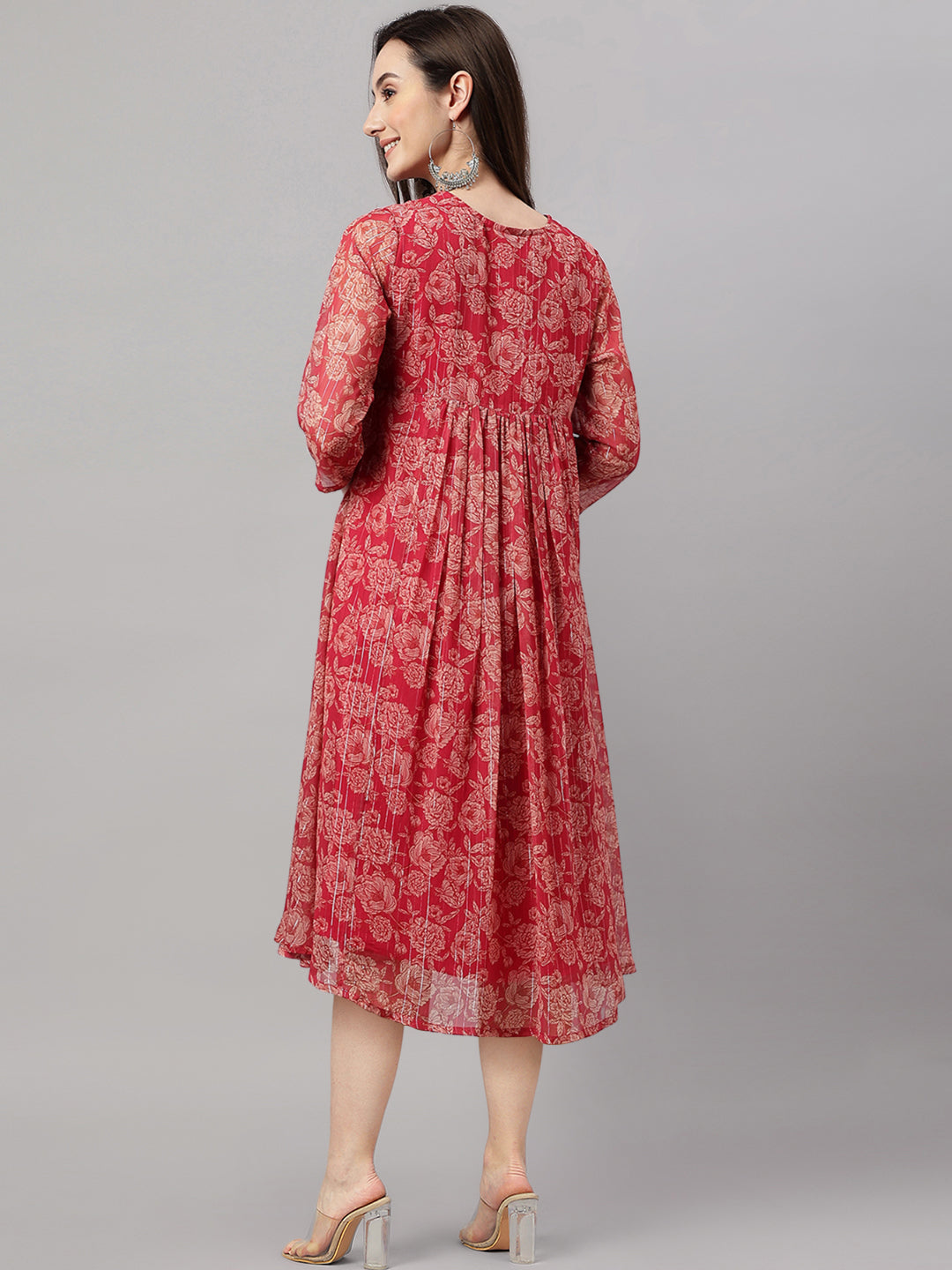 Janasya Dark Pink Chiffon Lurex Floral Printed Flared Kurta | Swadesiicart