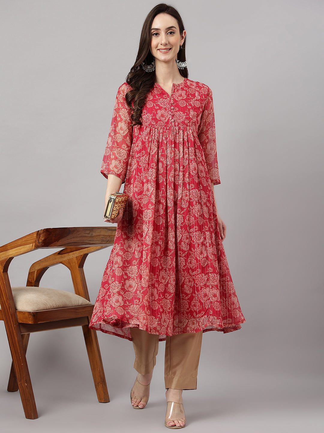 Indian Clothing Janasya Women's Dark Pink Chiffon Lurex Floral Printed Casual flared Kurta - Swadesiicart