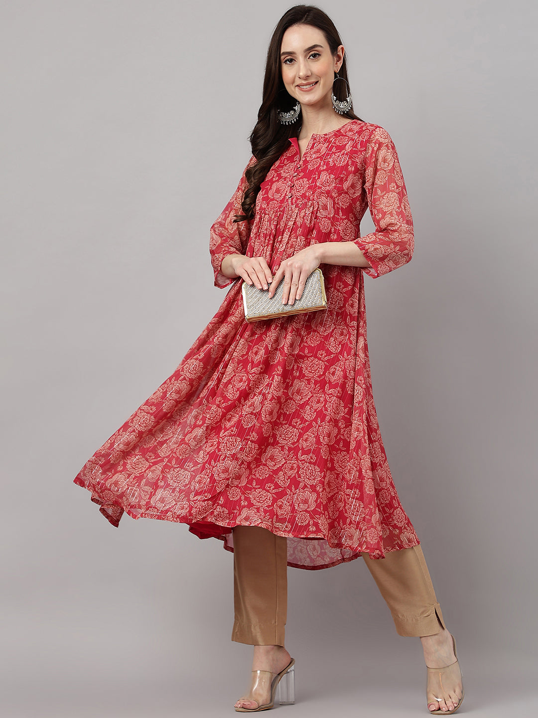 Indian Clothing Janasya Women's Dark Pink Chiffon Lurex Floral Printed Casual flared Kurta - Swadesiicart