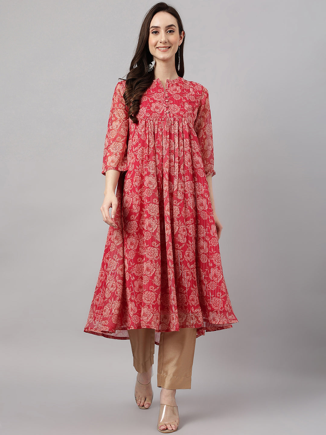 Indian Clothing Janasya Women's Dark Pink Chiffon Lurex Floral Printed Casual flared Kurta - Swadesiicart