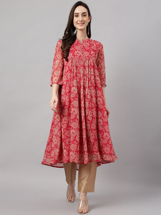 Indian Clothing Janasya Women's Dark Pink Chiffon Lurex Floral Printed Casual flared Kurta - Swadesiicart