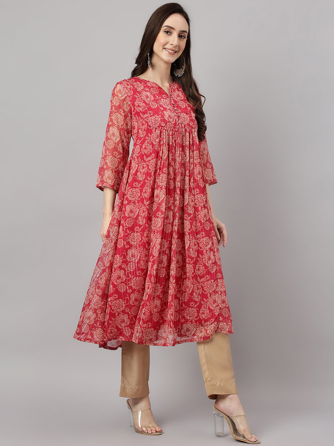 Indian Clothing Janasya Women's Dark Pink Chiffon Lurex Floral Printed Casual flared Kurta - Swadesiicart
