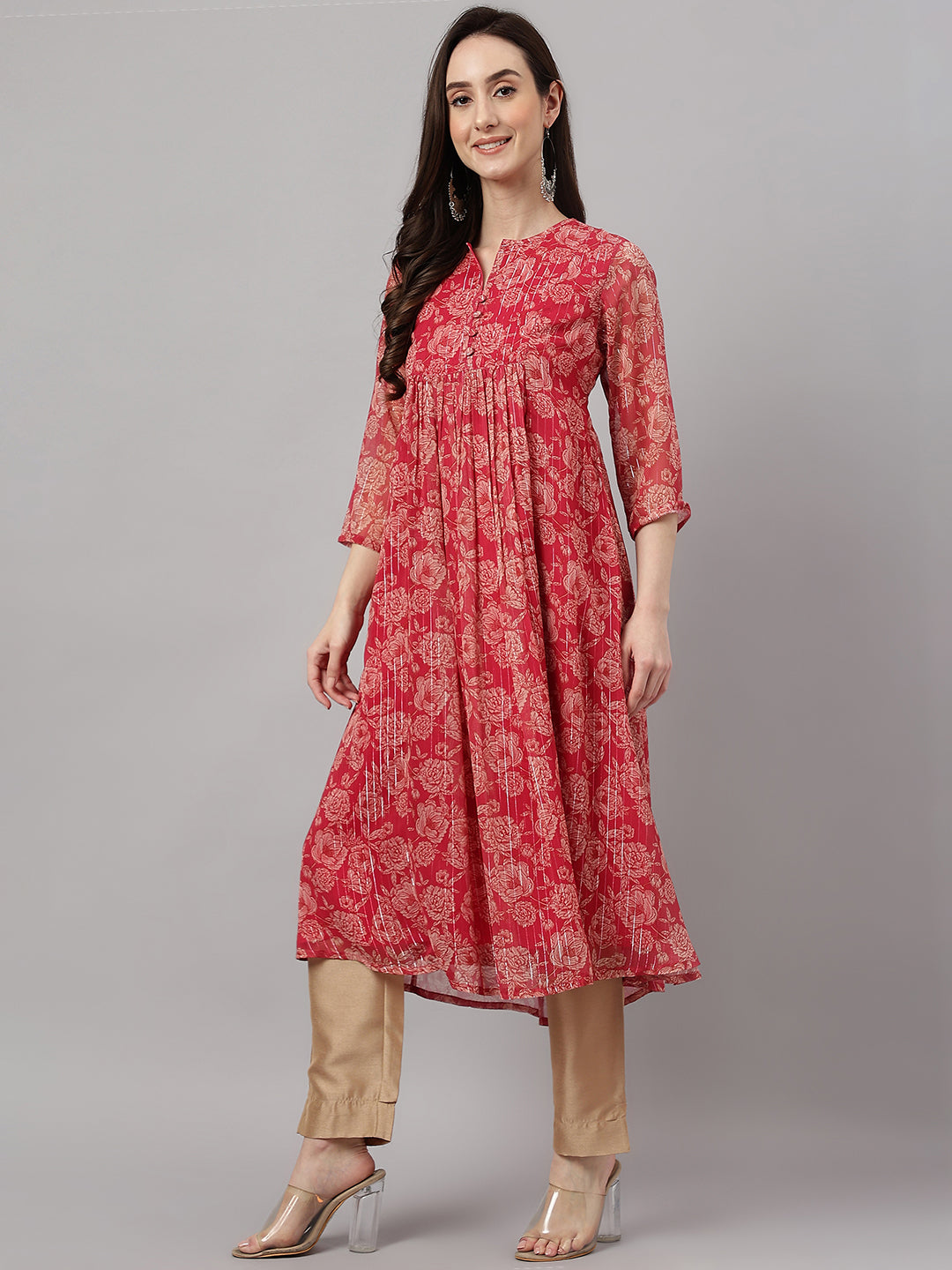 Indian Clothing Janasya Women's Dark Pink Chiffon Lurex Floral Printed Casual flared Kurta - Swadesiicart