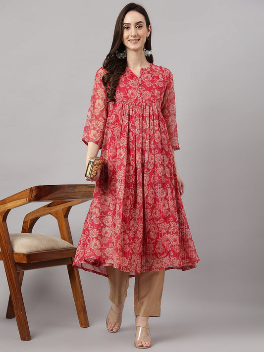 Indian Clothing Janasya Women's Dark Pink Chiffon Lurex Floral Printed Casual flared Kurta - Swadesiicart
