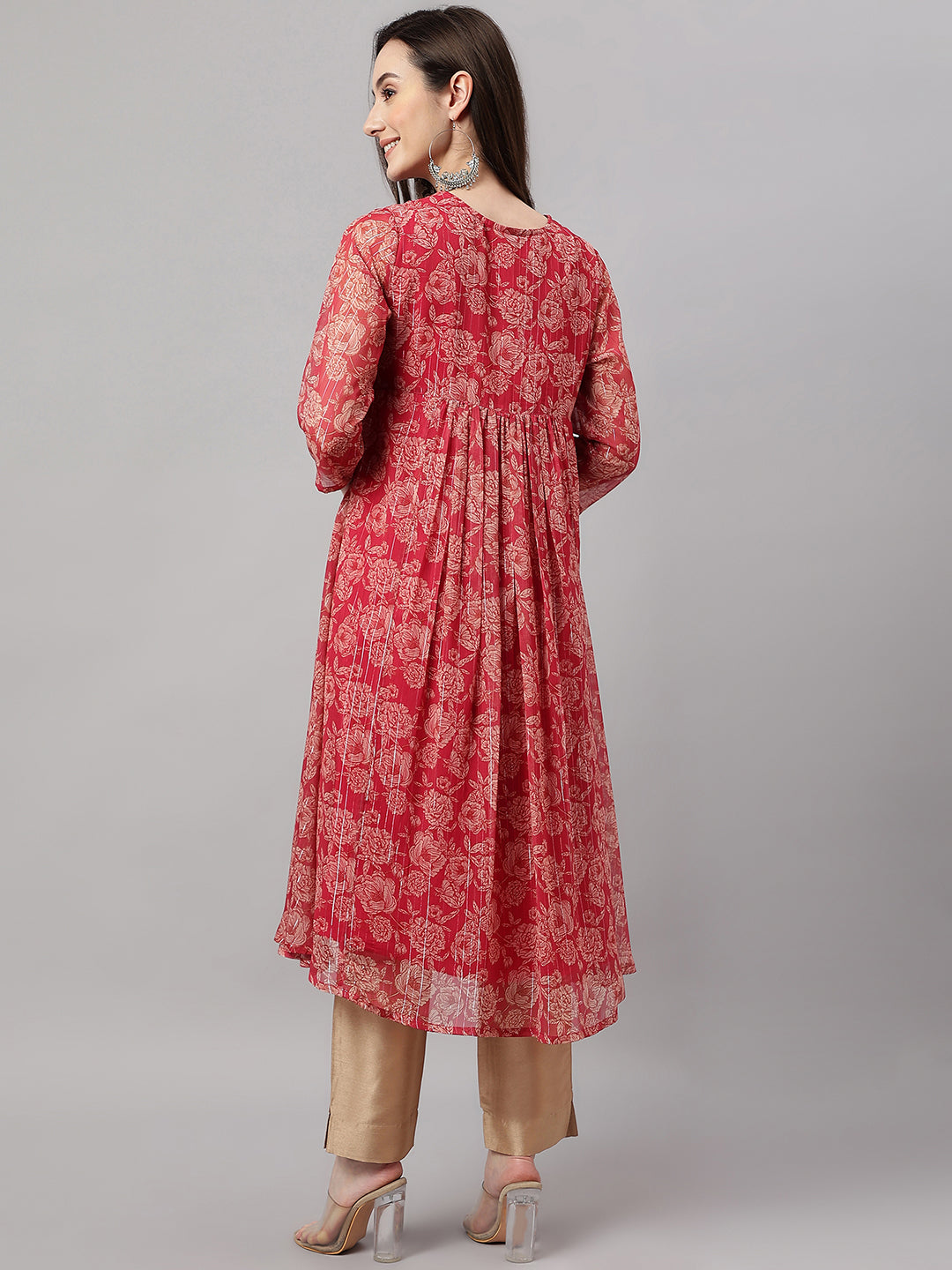 Indian Clothing Janasya Women's Dark Pink Chiffon Lurex Floral Printed Casual flared Kurta - Swadesiicart