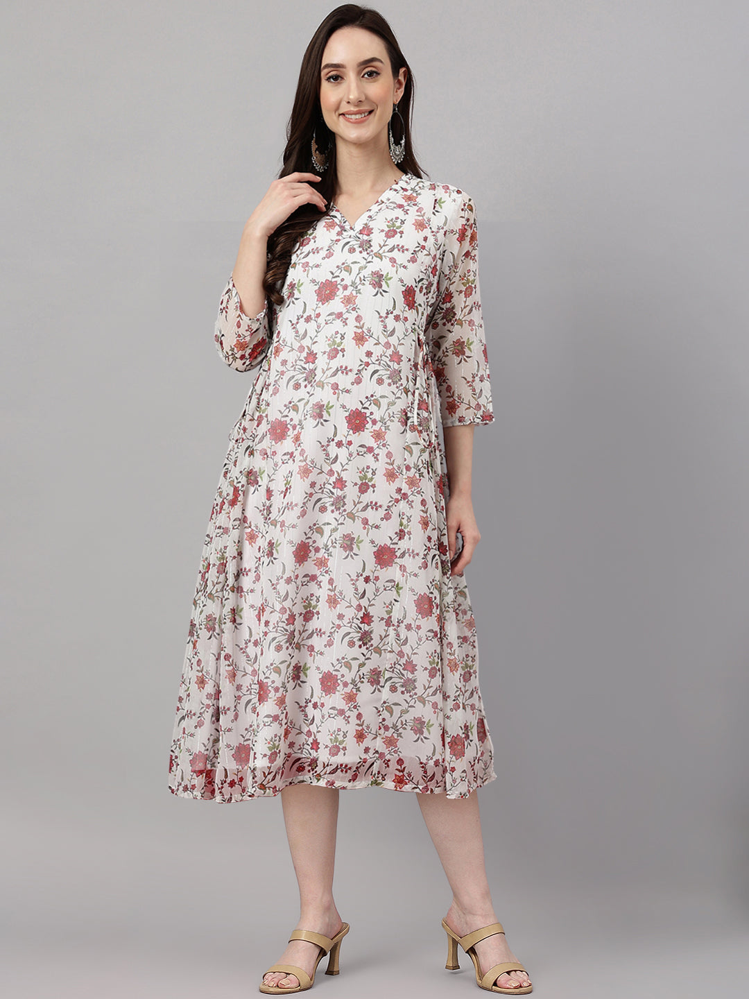Janasya Women's White Chiffon Lurex Floral Printed Flared Casual Dress | Swadesiicart