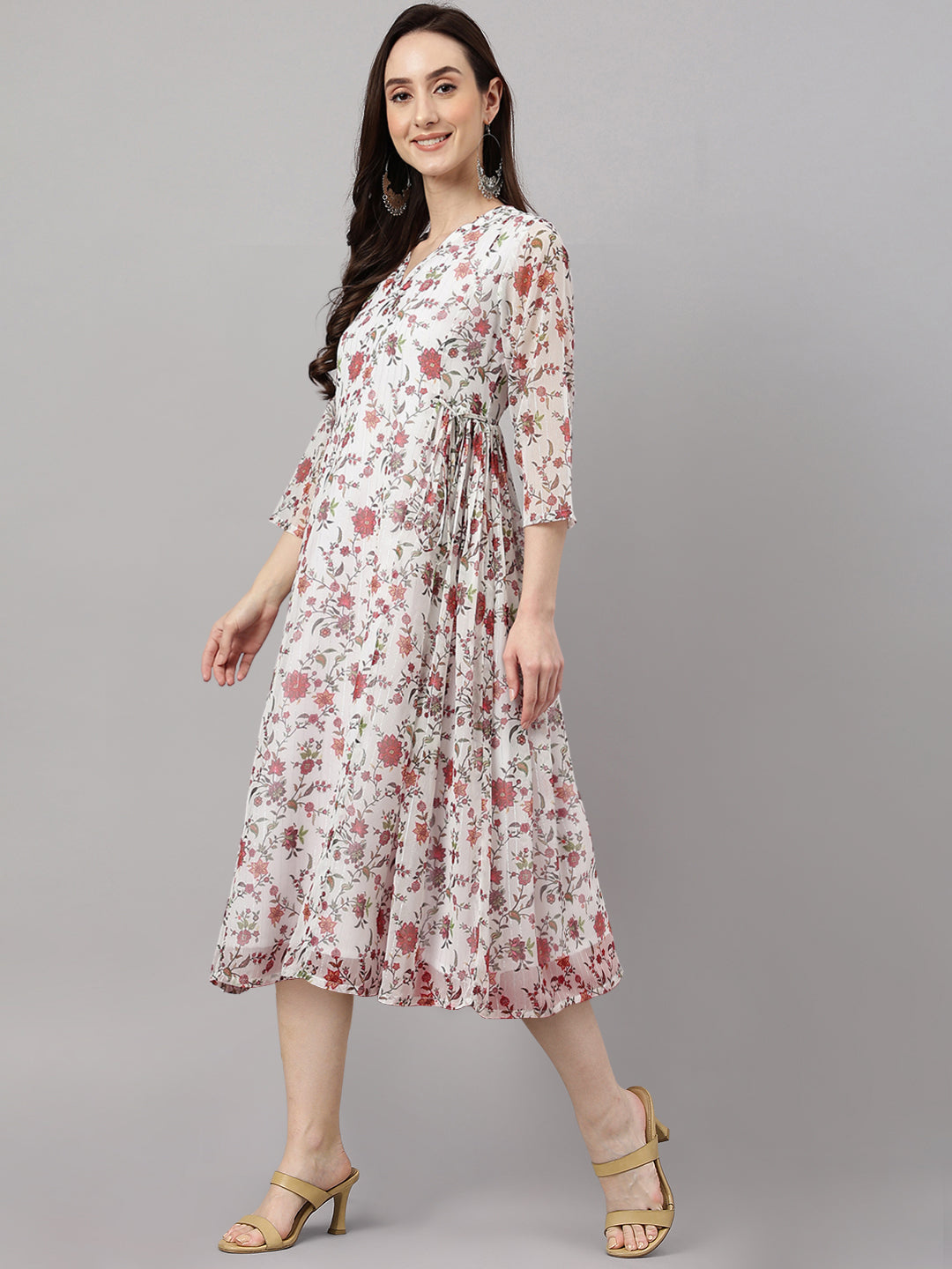 Janasya Women's White Chiffon Lurex Floral Printed Flared Casual Dress | Swadesiicart