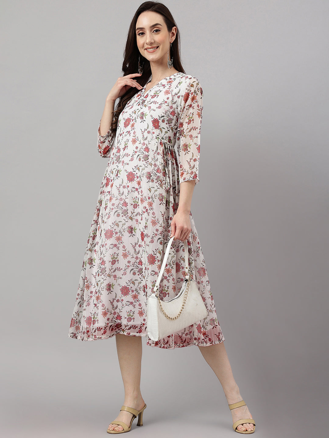 Janasya Women's White Chiffon Lurex Floral Printed Flared Casual Dress | Swadesiicart