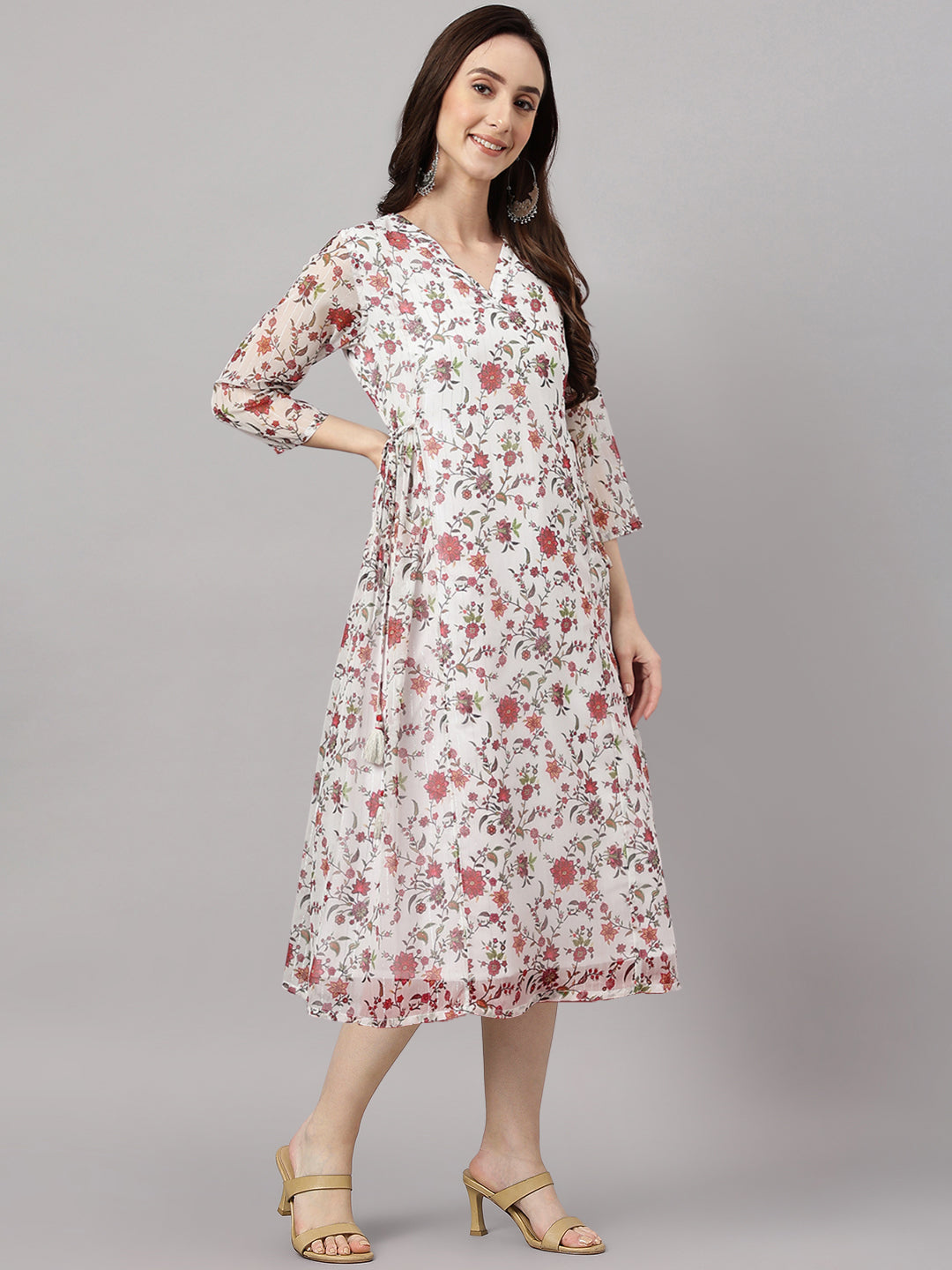 Janasya Women's Orange Chiffon Lurex Floral Printed Kaftan Casual Dress | Swadesiicart