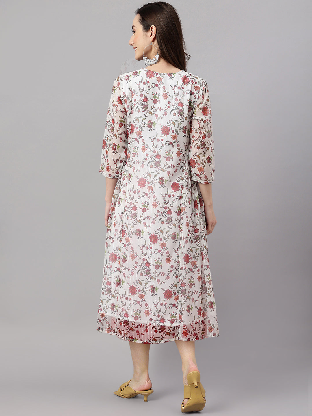 Janasya Women's Orange Chiffon Lurex Floral Printed Kaftan Casual Dress | Swadesiicart