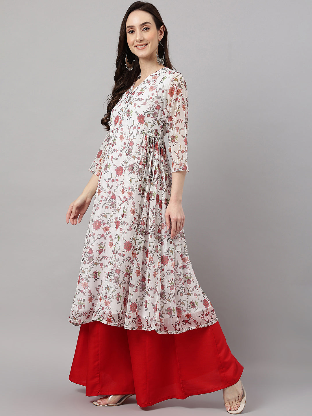 Janasya Women's White Chiffon Lurex Floral Printed Casual flared Kurta | Swadesiicart