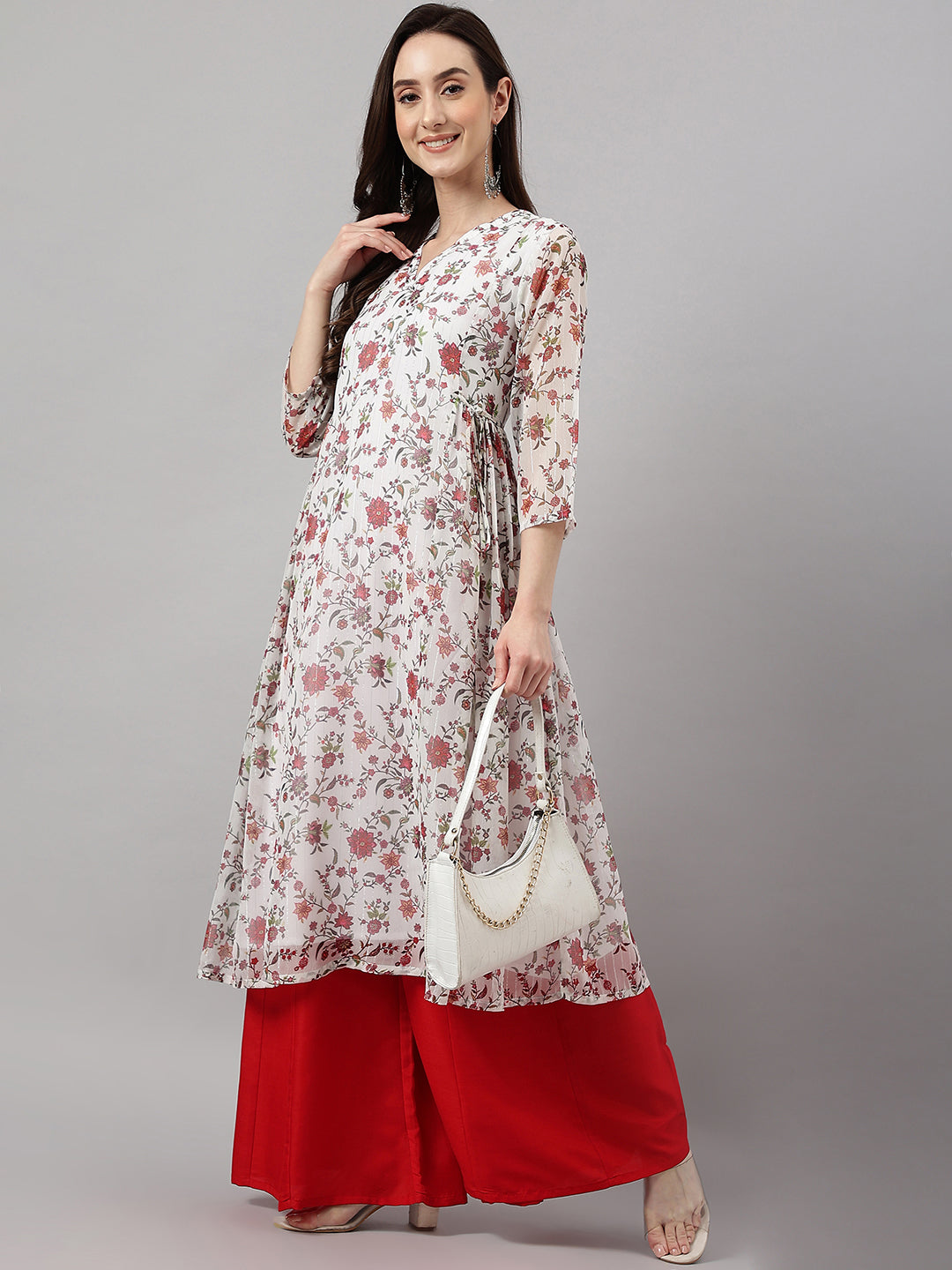 Janasya Women's White Chiffon Lurex Floral Printed Casual flared Kurta | Swadesiicart