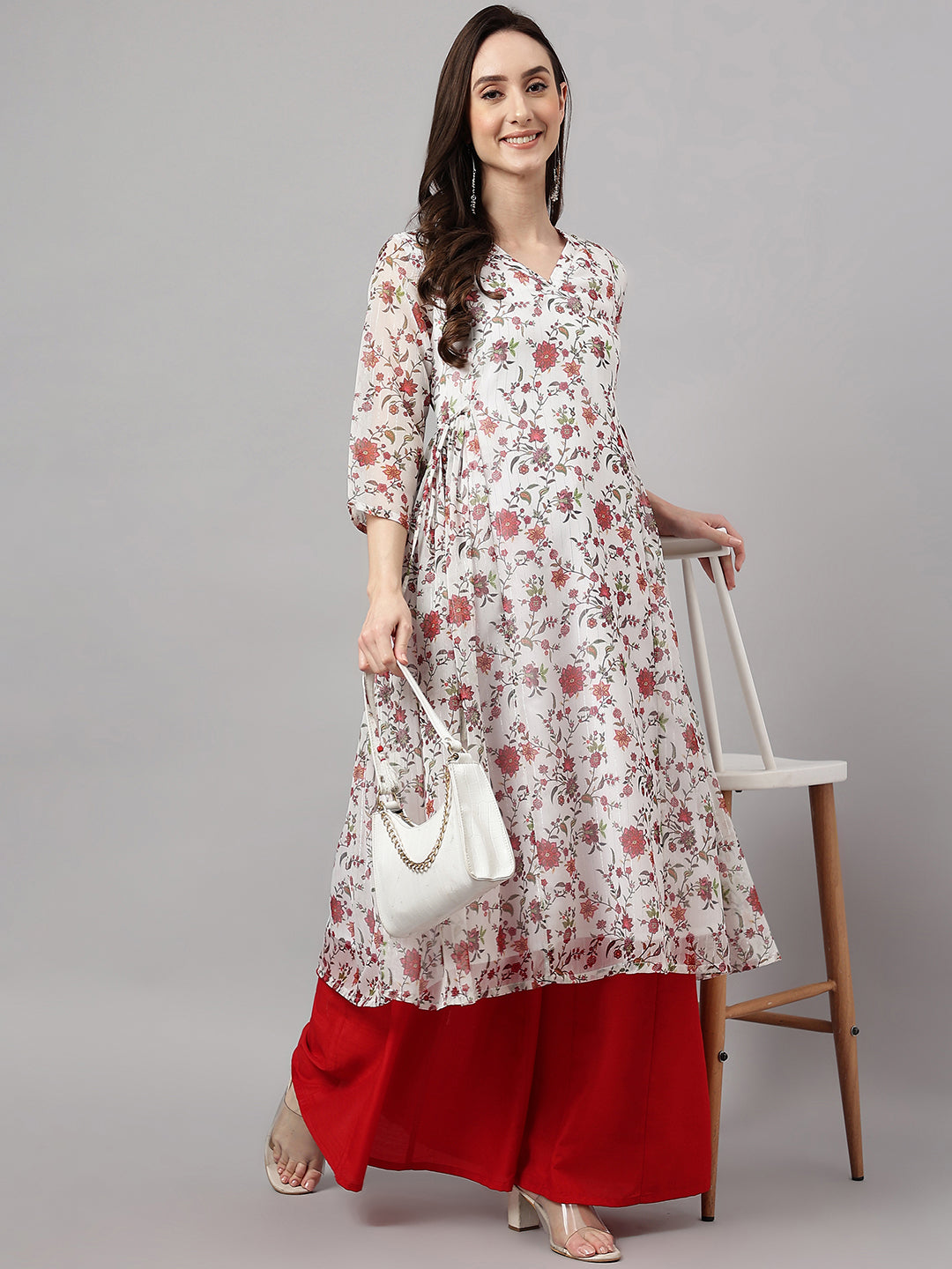 Janasya Women's White Chiffon Lurex Floral Printed Casual flared Kurta | Swadesiicart