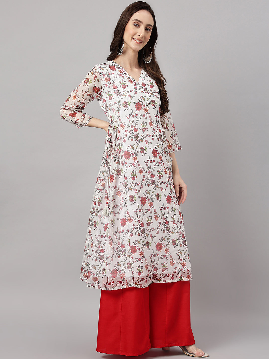 Janasya Women's White Chiffon Lurex Floral Printed Casual flared Kurta | Swadesiicart