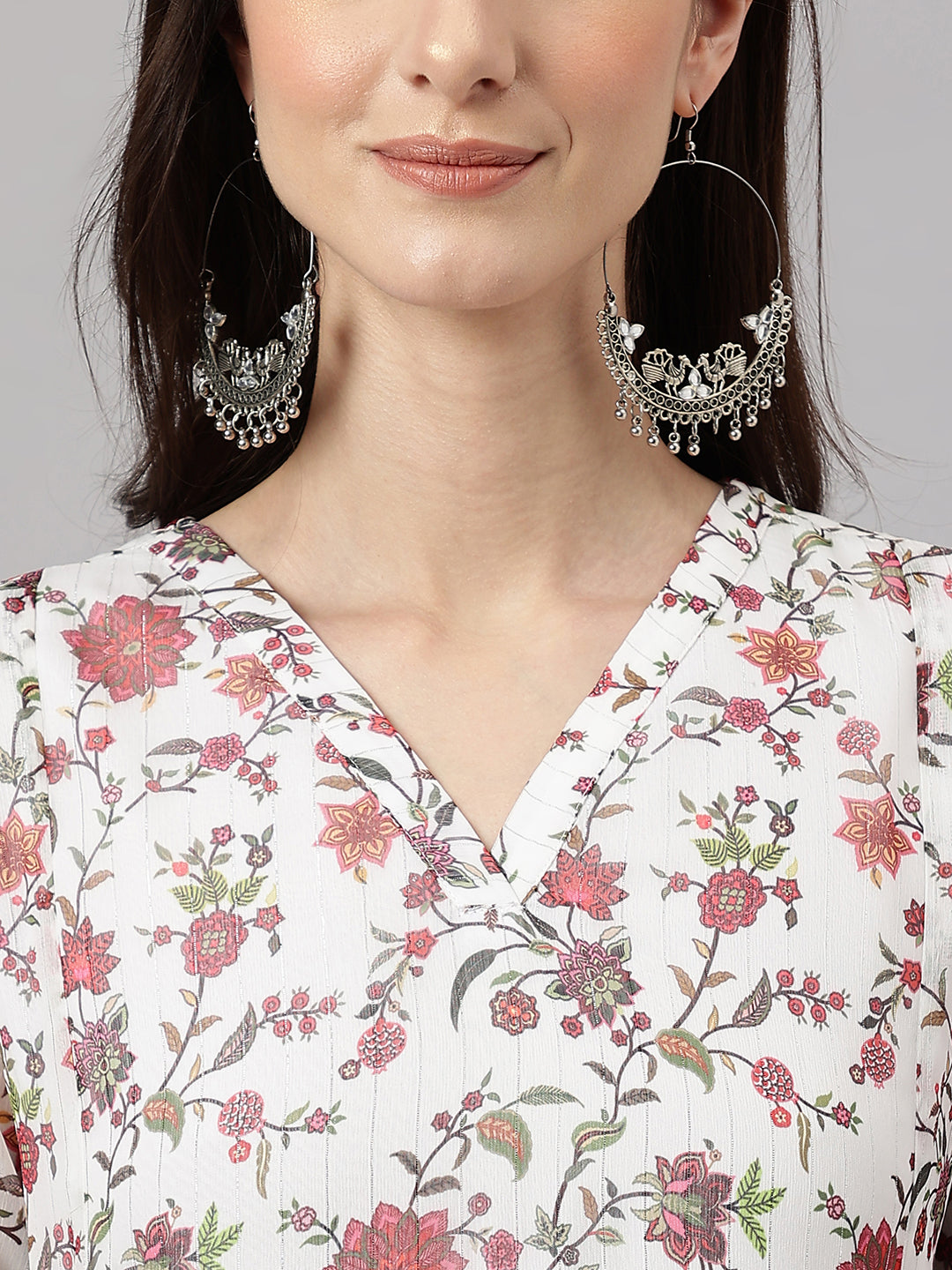 Janasya Women's White Chiffon Lurex Floral Printed Flared Casual Dress | Swadesiicart