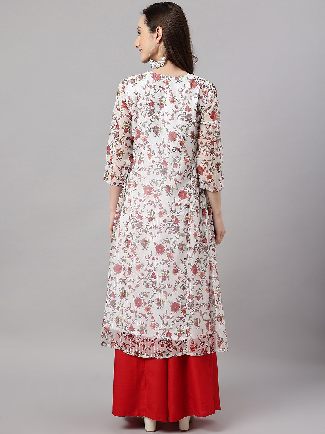 Janasya Women's White Chiffon Lurex Floral Printed Casual flared Kurta | Swadesiicart